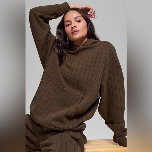 ALO Yoga NWT Pinstripe Hoodie Sweatshirt in Expresso Size M - Picture 2 of 9